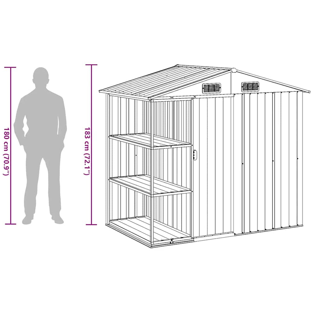vidaXL 6.7 x 4.3ft Grey Galvanised Iron Apex Garden Shed with Log Rack Image 6