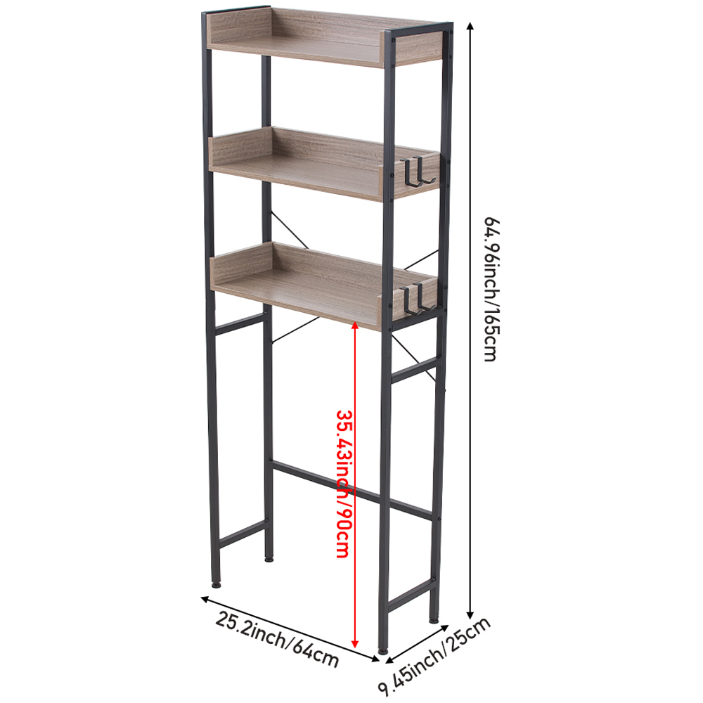 Living and Home 3 Shelf Black and Light Wood Freestanding Over the Toilet Storage Rack with Hooks Image 8