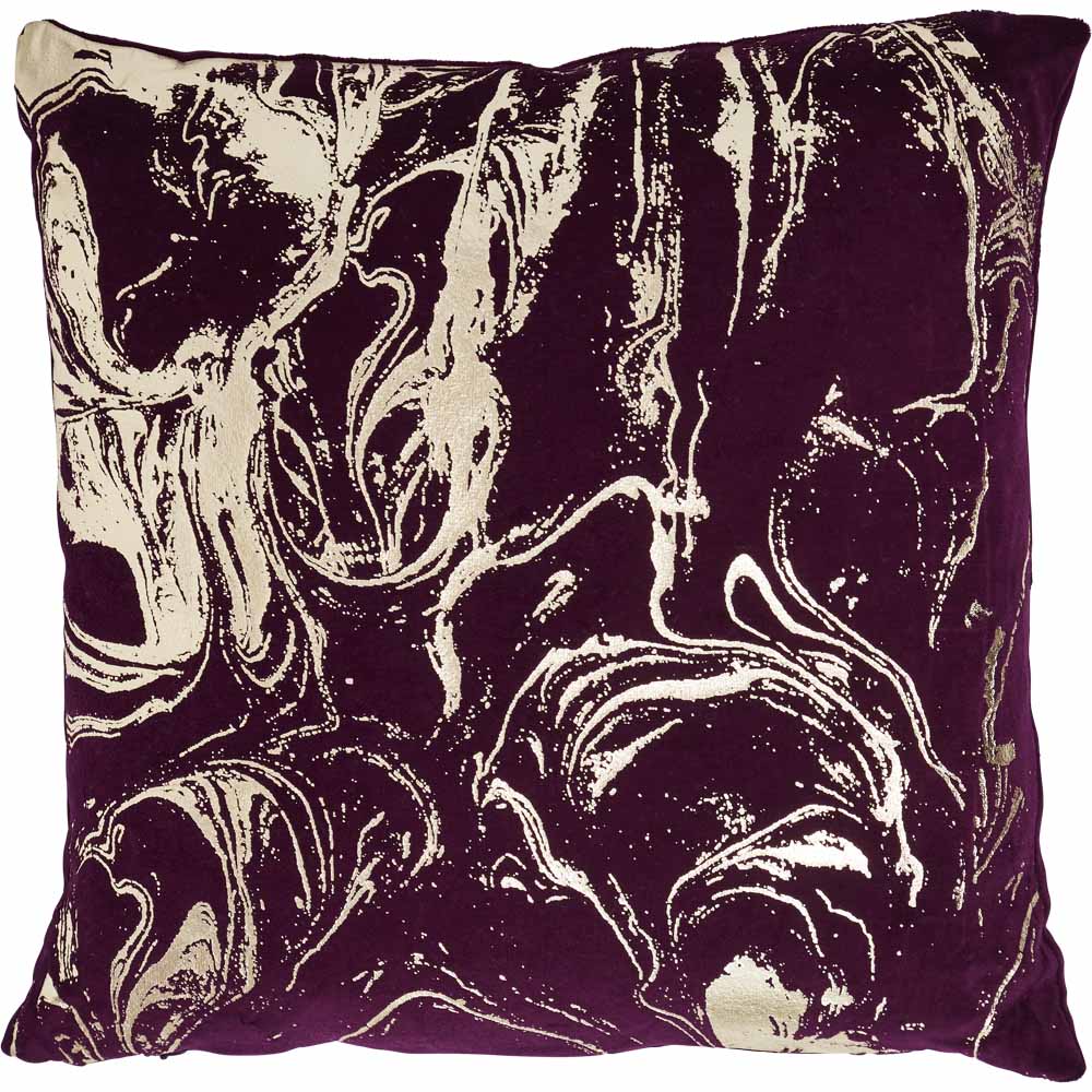 Wilko Burgundy Velvet Gold Marble Cushion 43x43cm Image 1