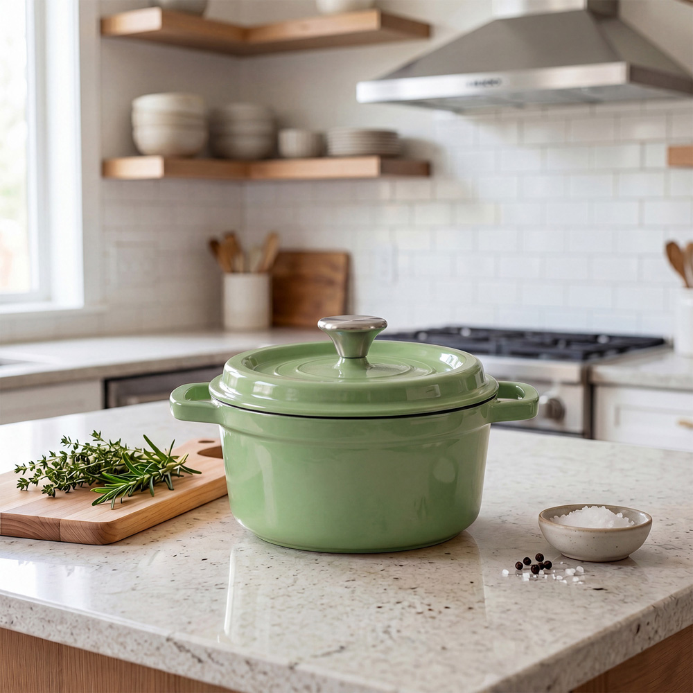 Living and Home 2.8L Matcha Green Enamelled Cast Iron Dutch Oven Image 2
