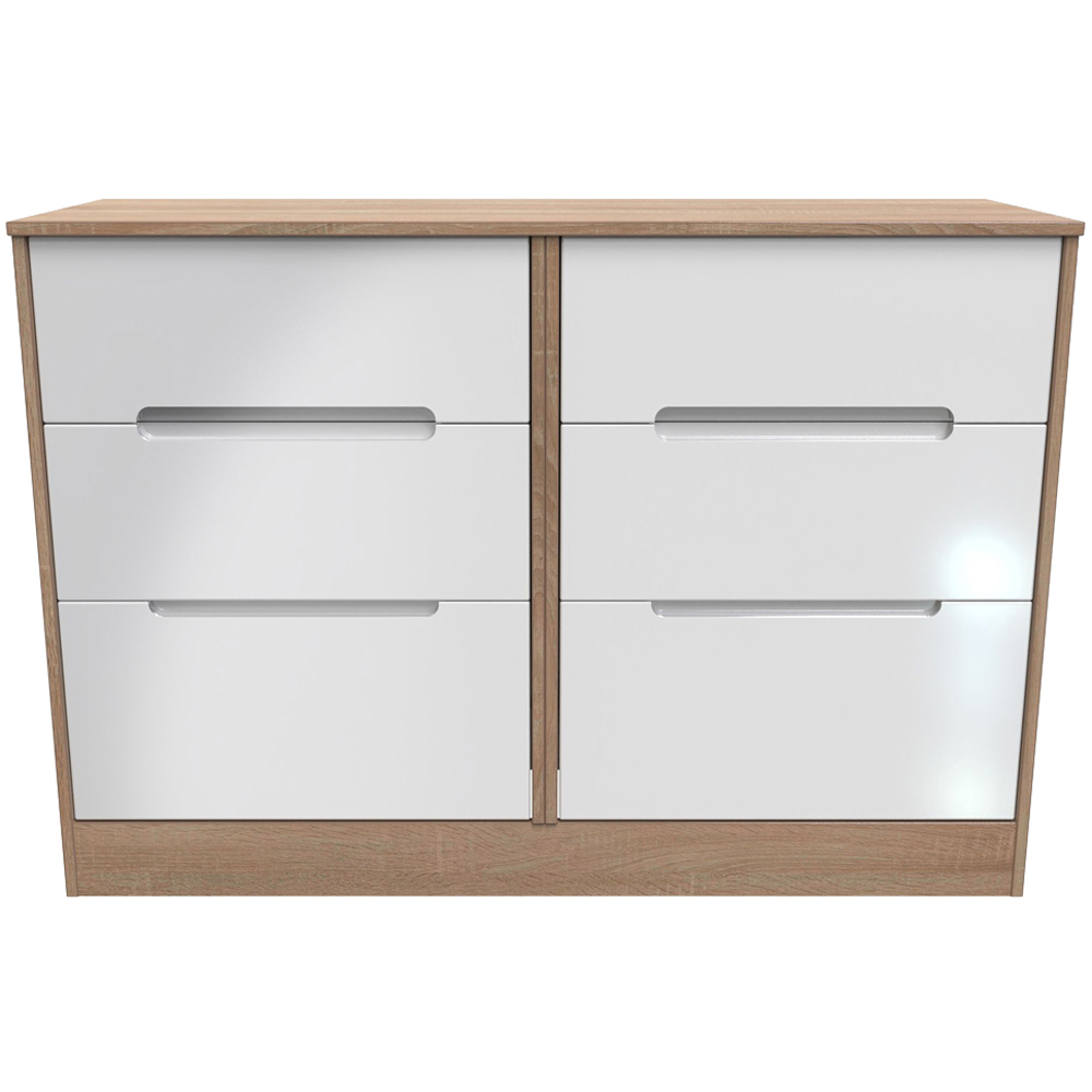 Crowndale Monaco 6 Drawer White Gloss and Bardolino Oak Wide Chest of Drawers Ready Assembled Image 2
