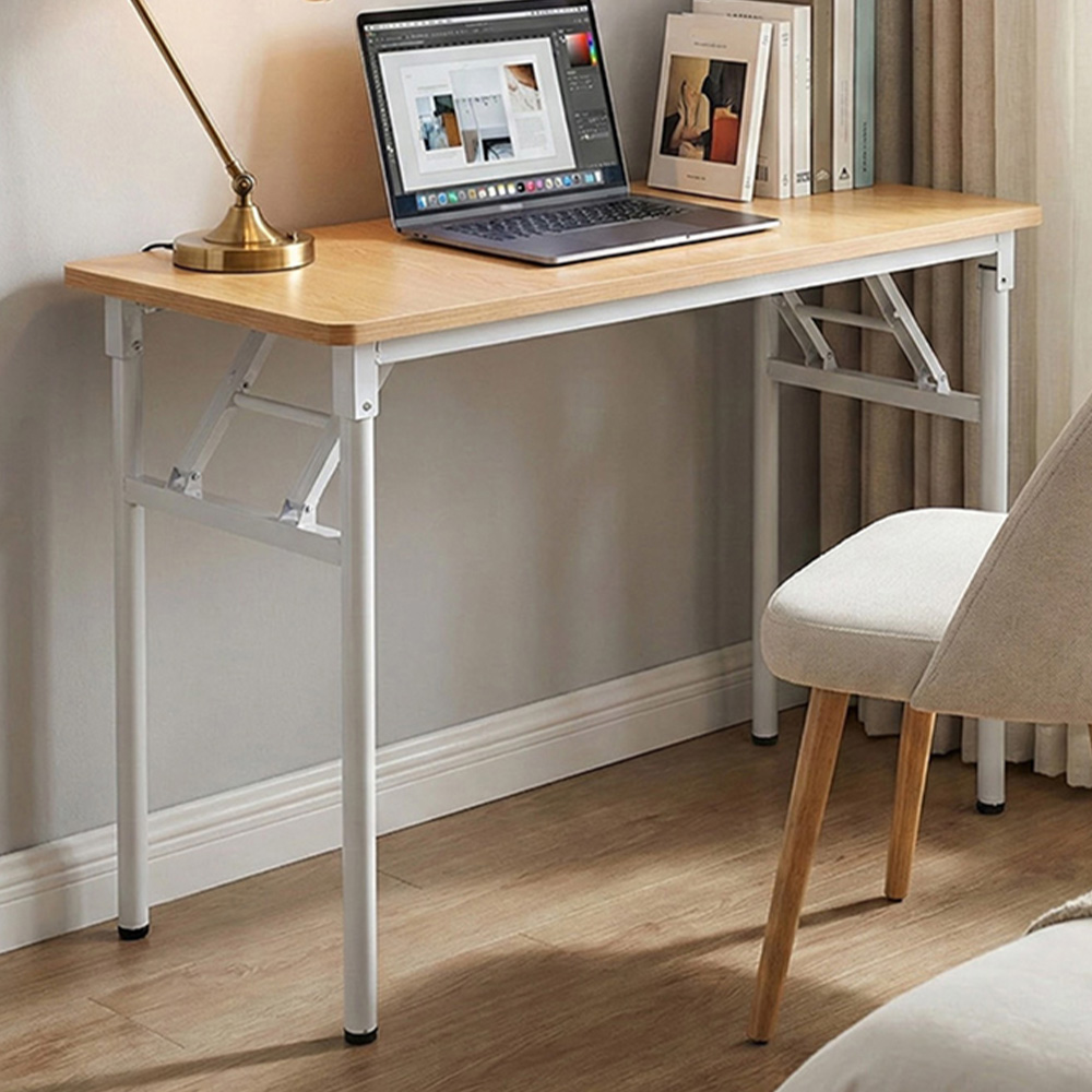 Living and Home Metal Frame Foldable Laptop Desk with Adjustable Feet Natural and White Image 1