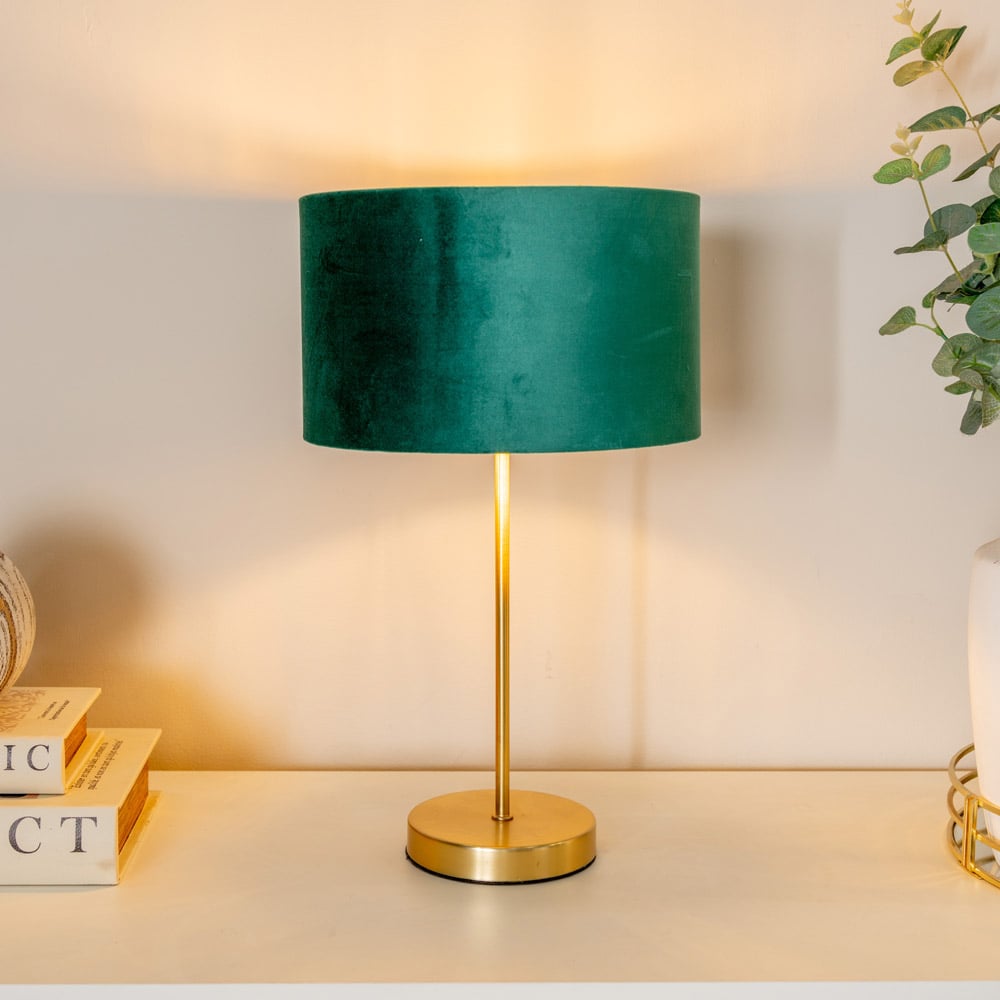 ValueLights Charlie Metallic and Green Velvet Shade Gold Table Lamp and Bulb Image 3