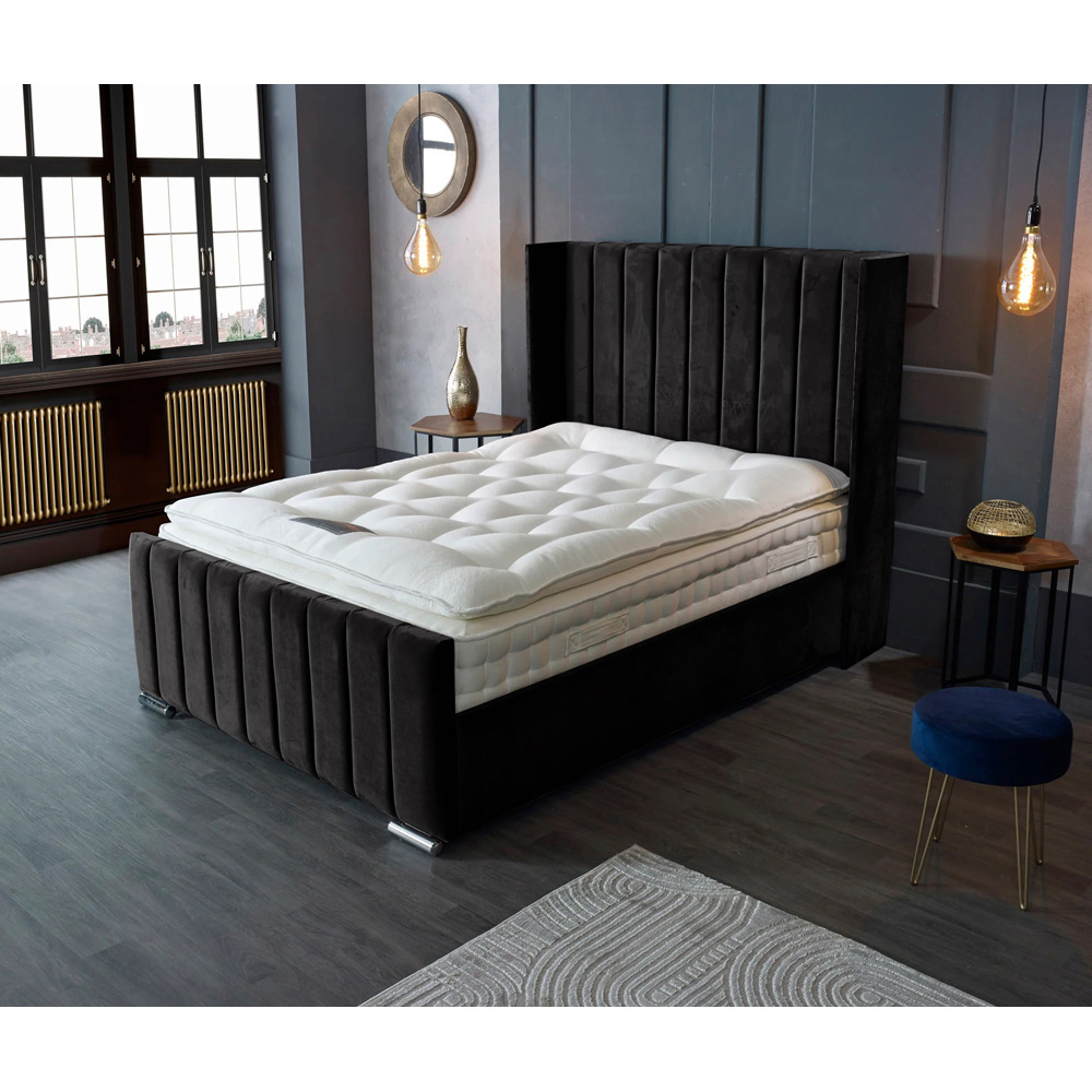 Eleganza Home Meriso Super King Size Black Plush Velvet Bed Frame with Winged Headboard Image 3