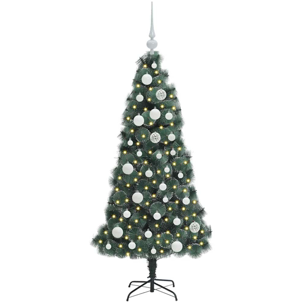 vidaXL Pre-Lit White Baubles Green Artificial Christmas Tree 4ft Image 1