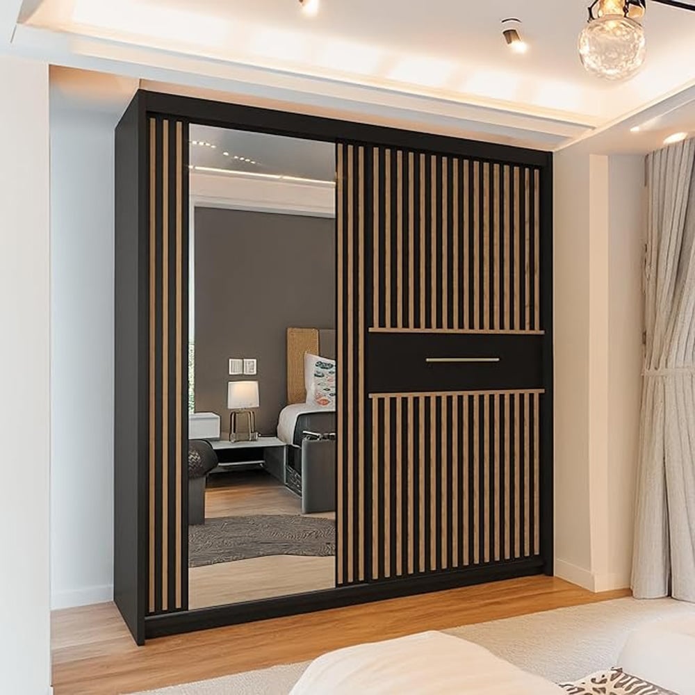 Sliding Wardrobes 4U 2 Sliding Door Black Modern Wide Oak Striped Mirrored Wardrobe Image 3