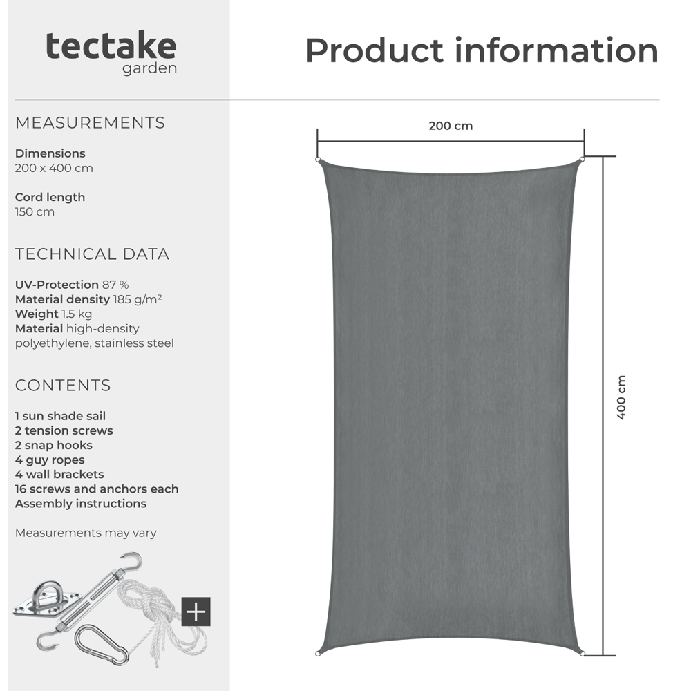 tectake Sonny Grey Water-Resistant Sun Shade Sail 200 x 400cm Image 8