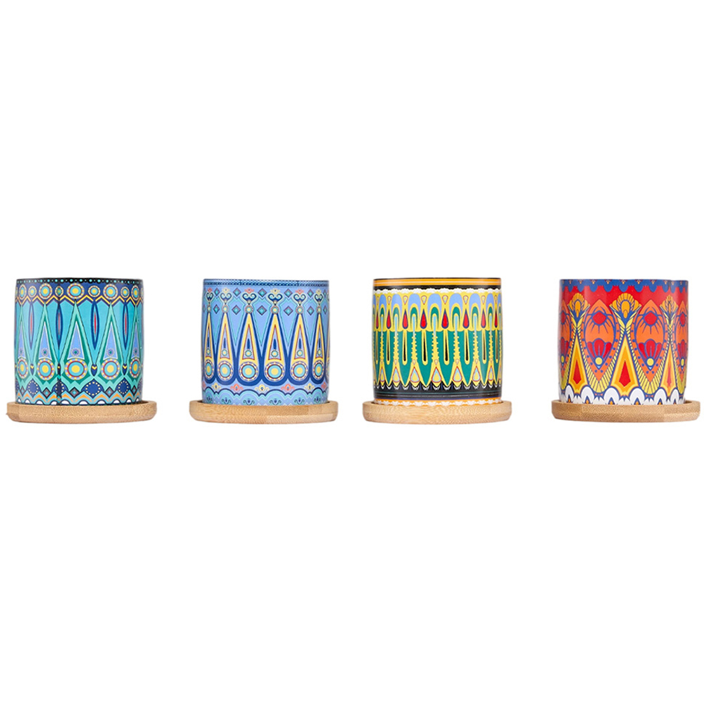 Living and Home Nordic Ceramic Plant Pot with Bamboo Tray Set of 4 Image 1