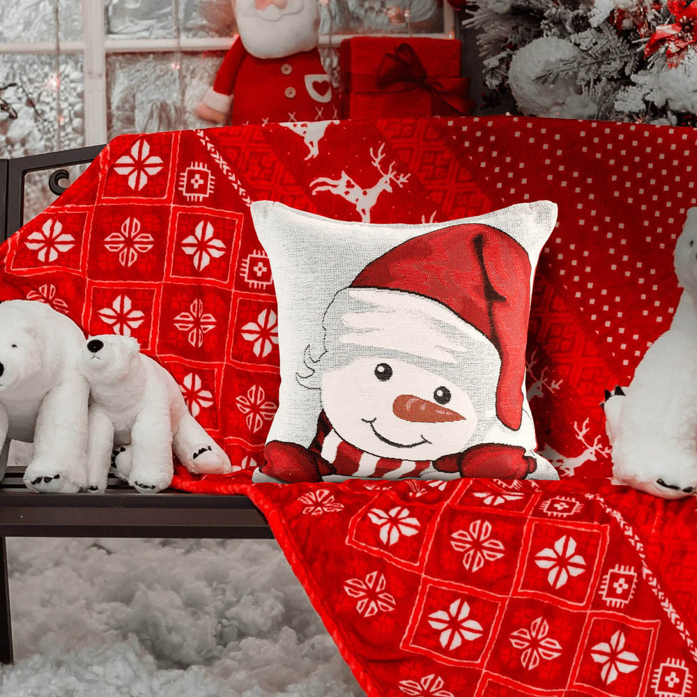 Noel Square Xmas Snowman Cotton Chenille Cushion Image 4