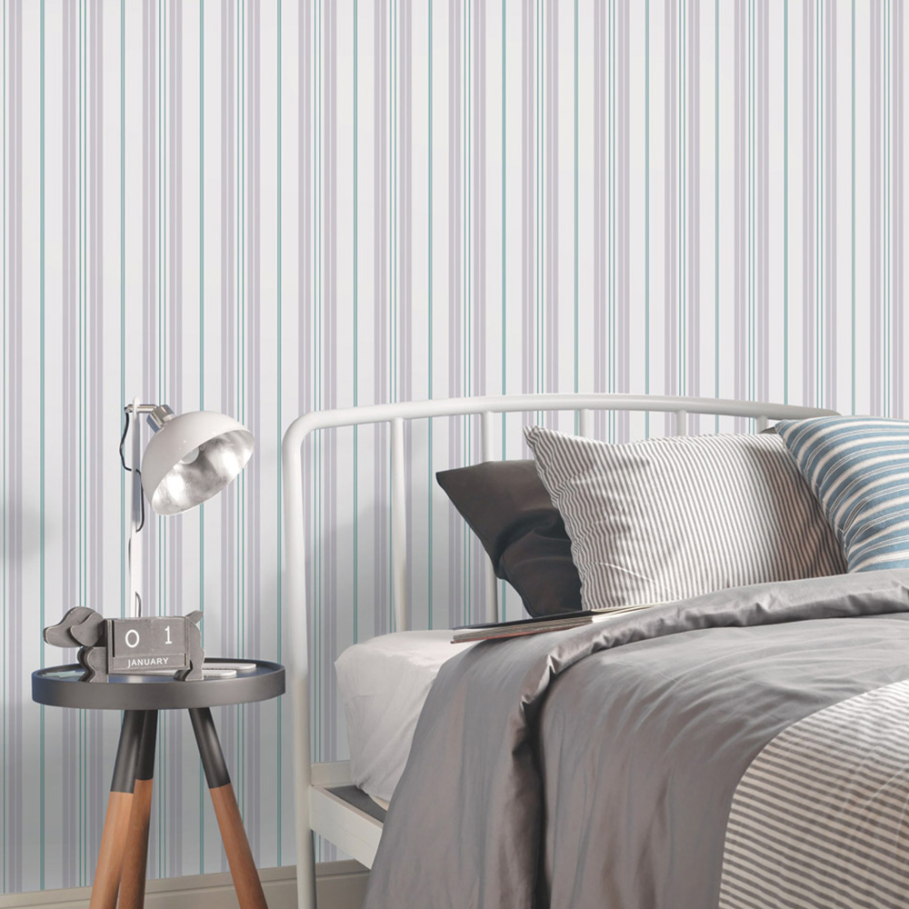 Galerie Deauville 2 Striped Grey White and Mid Blue Wallpaper Image 3