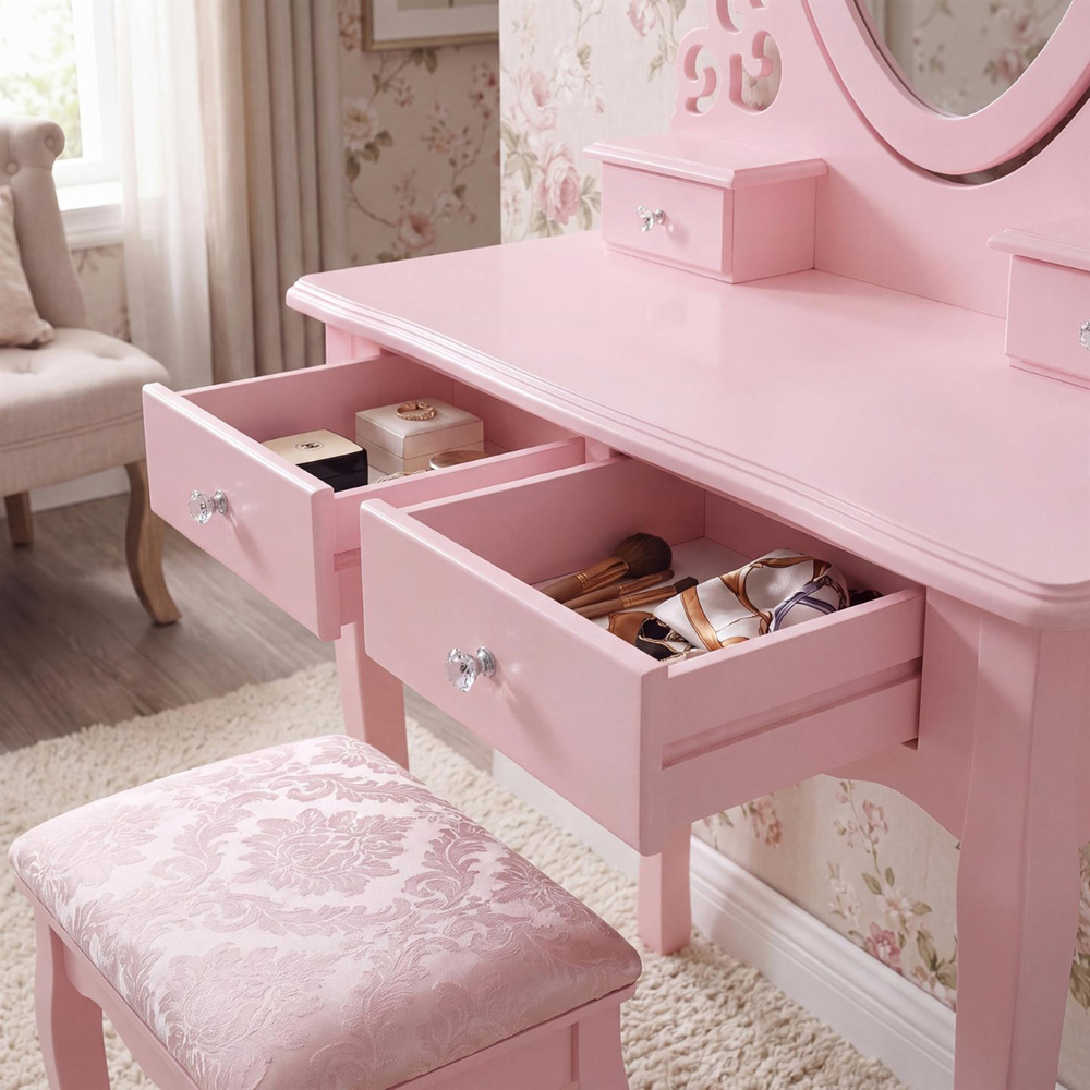 Portland 4 Drawer Pink Dressing Table Set with Mirror Image 7