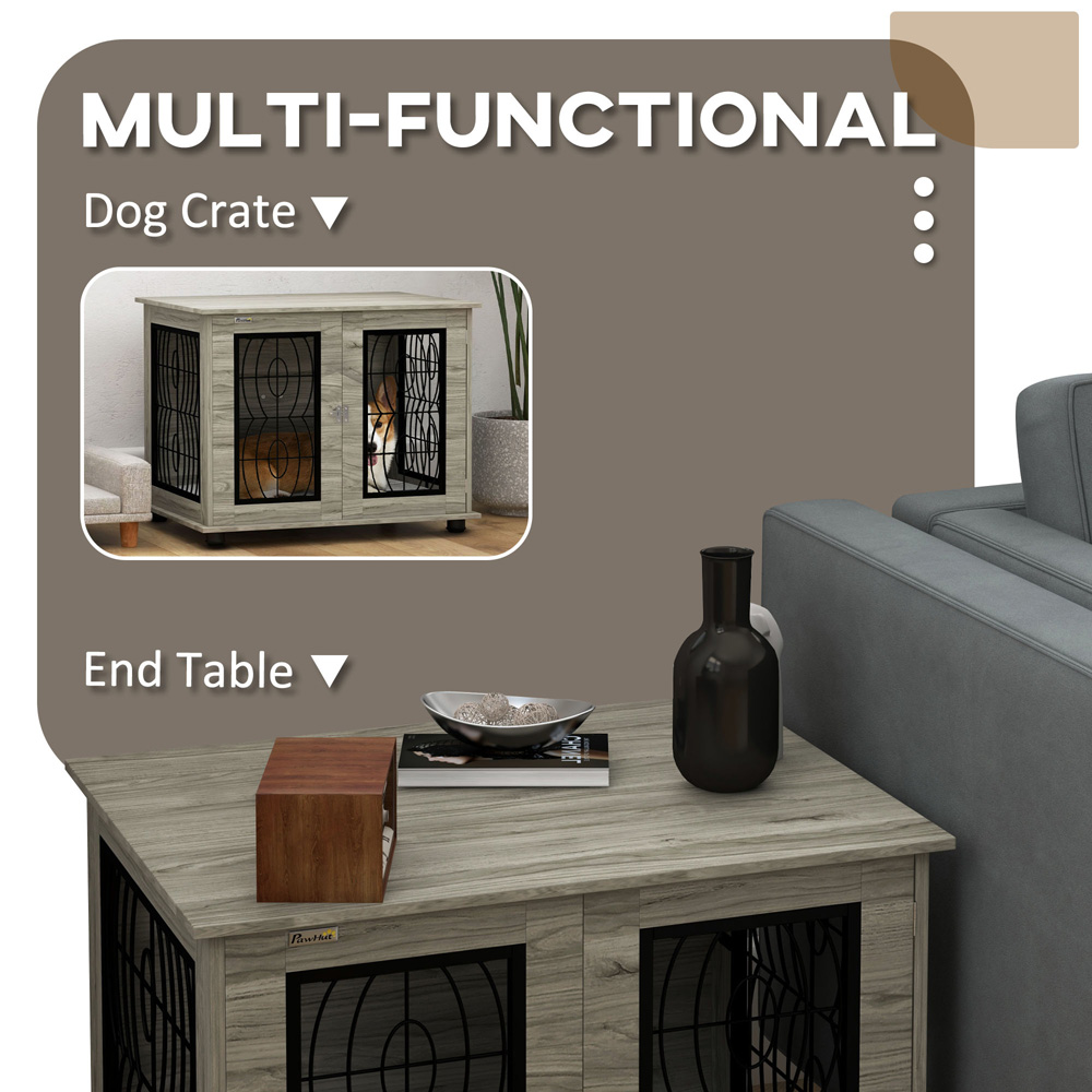 PawHut Grey Dog Crate End Table with Cushion 75cm Image 5