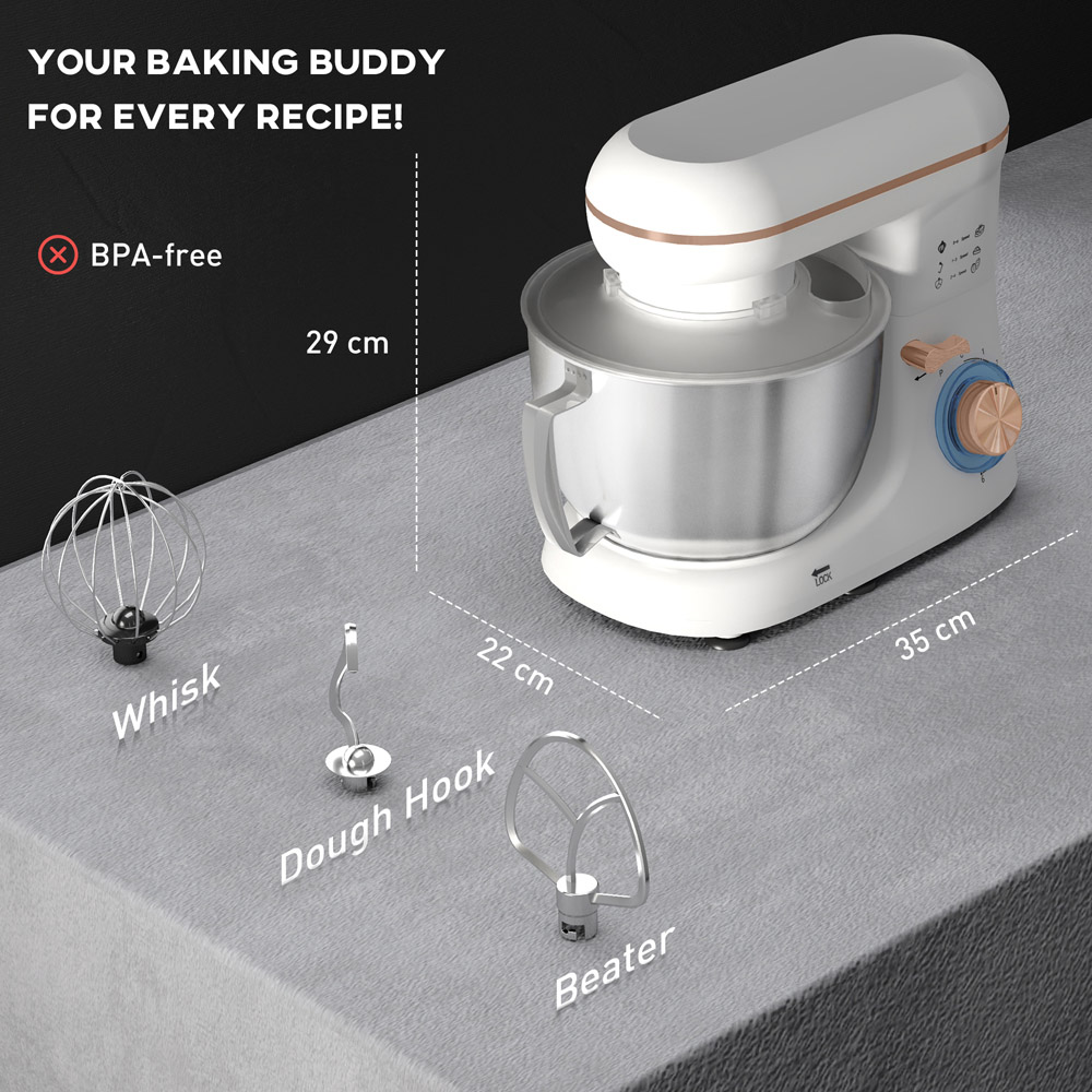 thumbnail image 2 of HOMCOM 4.5L Electric Stand Mixer 1300W With Dough Hook & Whisk - White 2 of 5