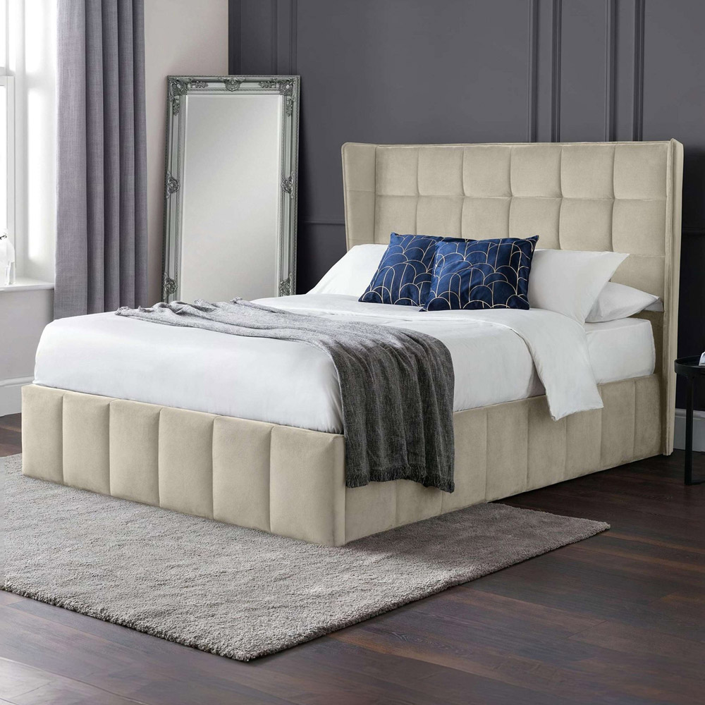 Julian Bowen Gatsby King Size Cream Velvet Winged Headboard Ottoman Storage Bed Image 1