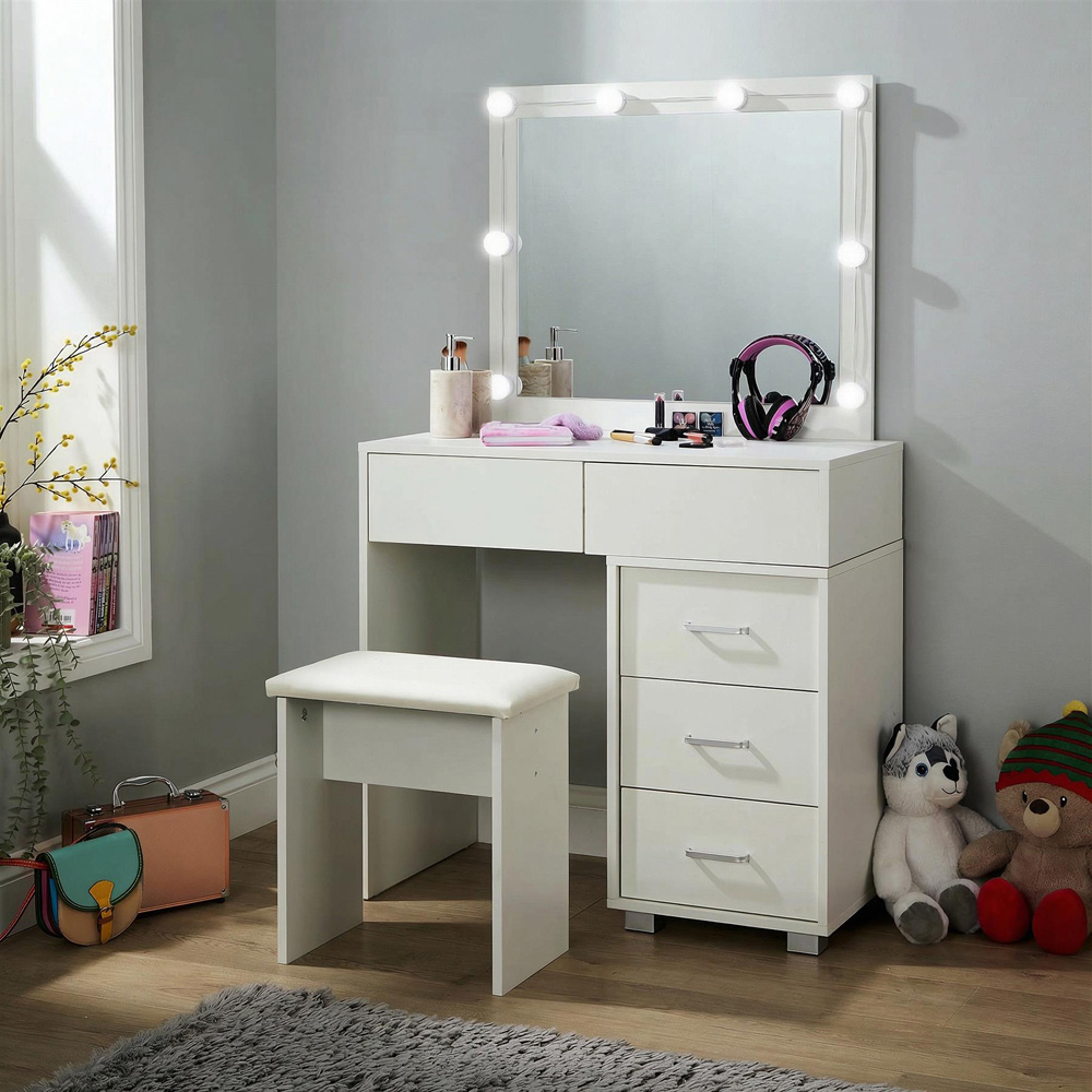 Home Source Vero 5 Drawer White Vanity Table and Cushioned Stool Set with LED Mirror Image 8