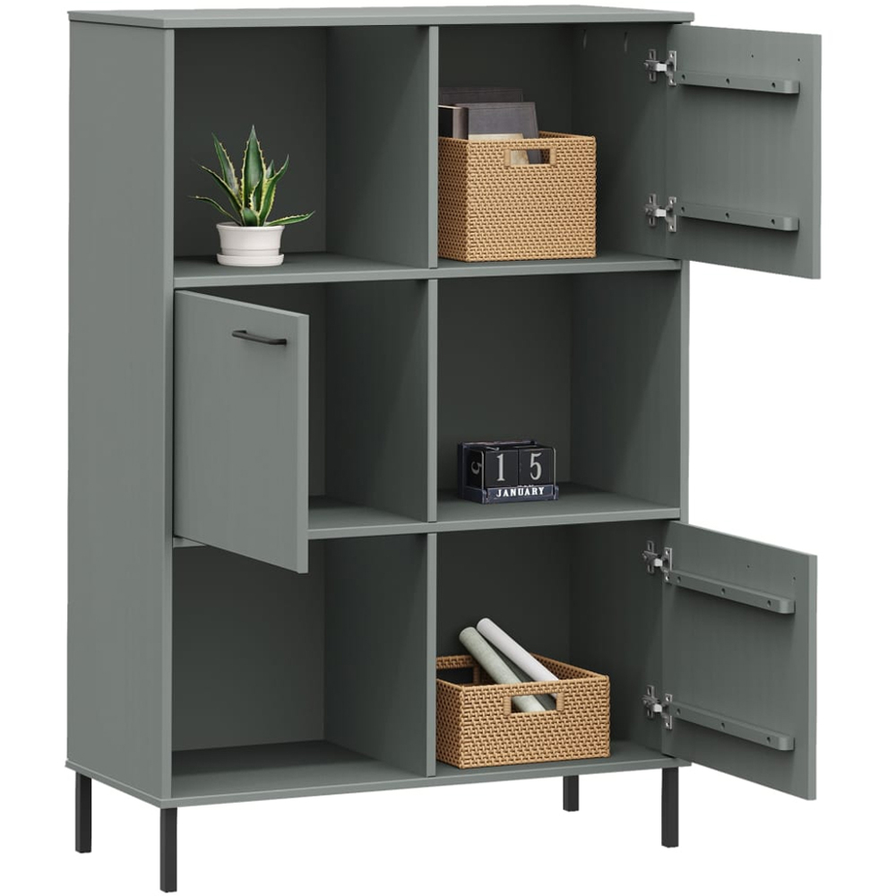 vidaXL Oslo 3 Door 3 Shelf Grey Solid Pine Wood and Metal Bookcase Image 3