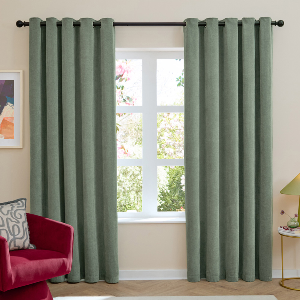 Furn Green Soft Chenille Blackout Eyelet Curtains 117 x 183cm Image 1