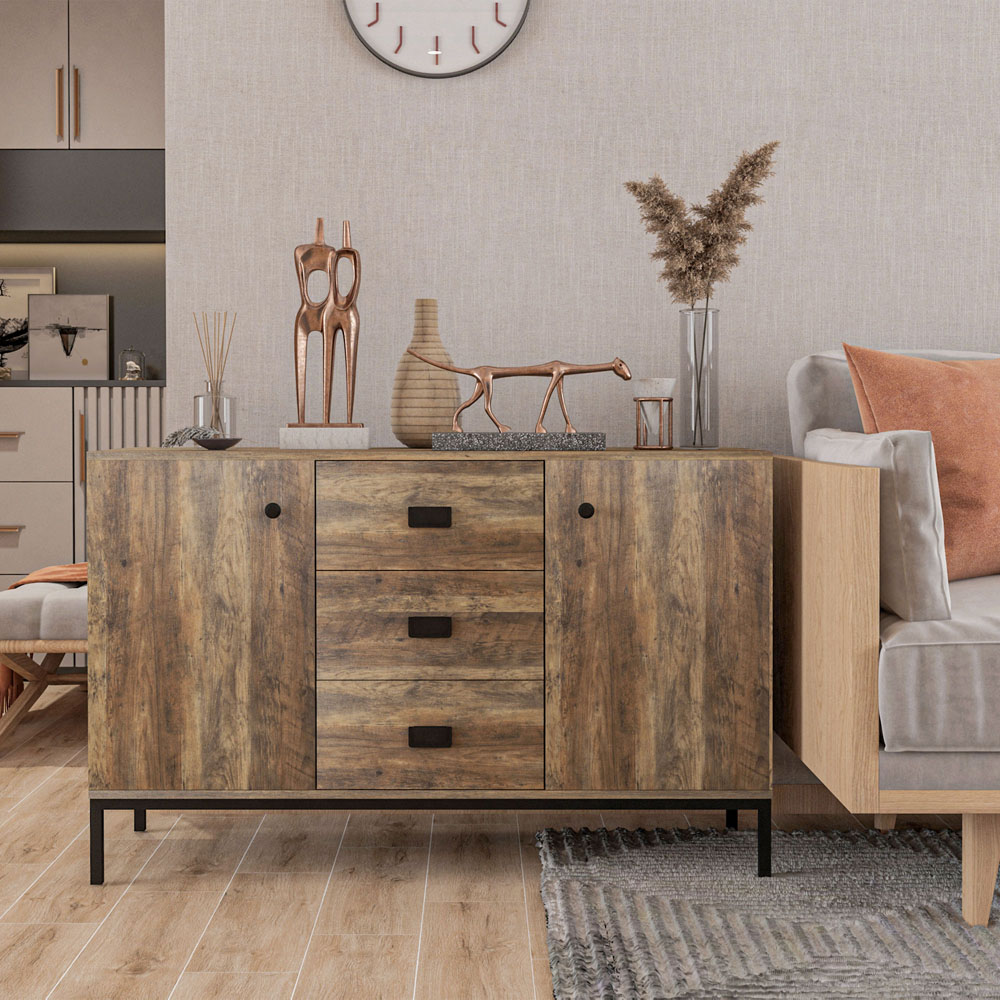 HOMCOM 2 Door 3 Drawer Distressed Brown Retro Sideboard Image 5