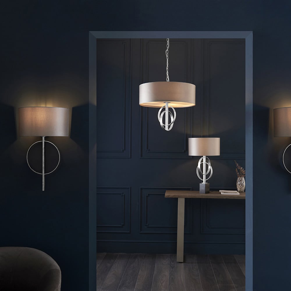 Merano Trento Antique Silver and Mink Satin Fabric 3 Light Pendant Ceiling Light Image 8