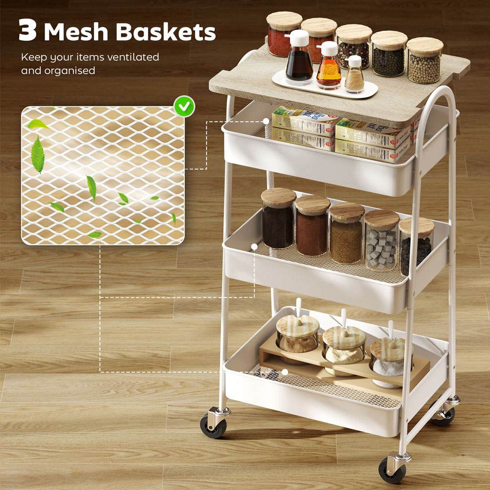 Portland 3 Tier White and Oak Rolling Utility Cart with Mesh Baskets Image 8