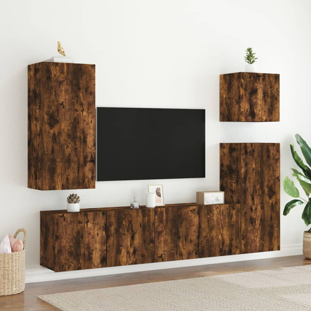 vidaXL 2 Door Smoked Oak Wall Mounted TV Cabinet Set of 2 Image 3