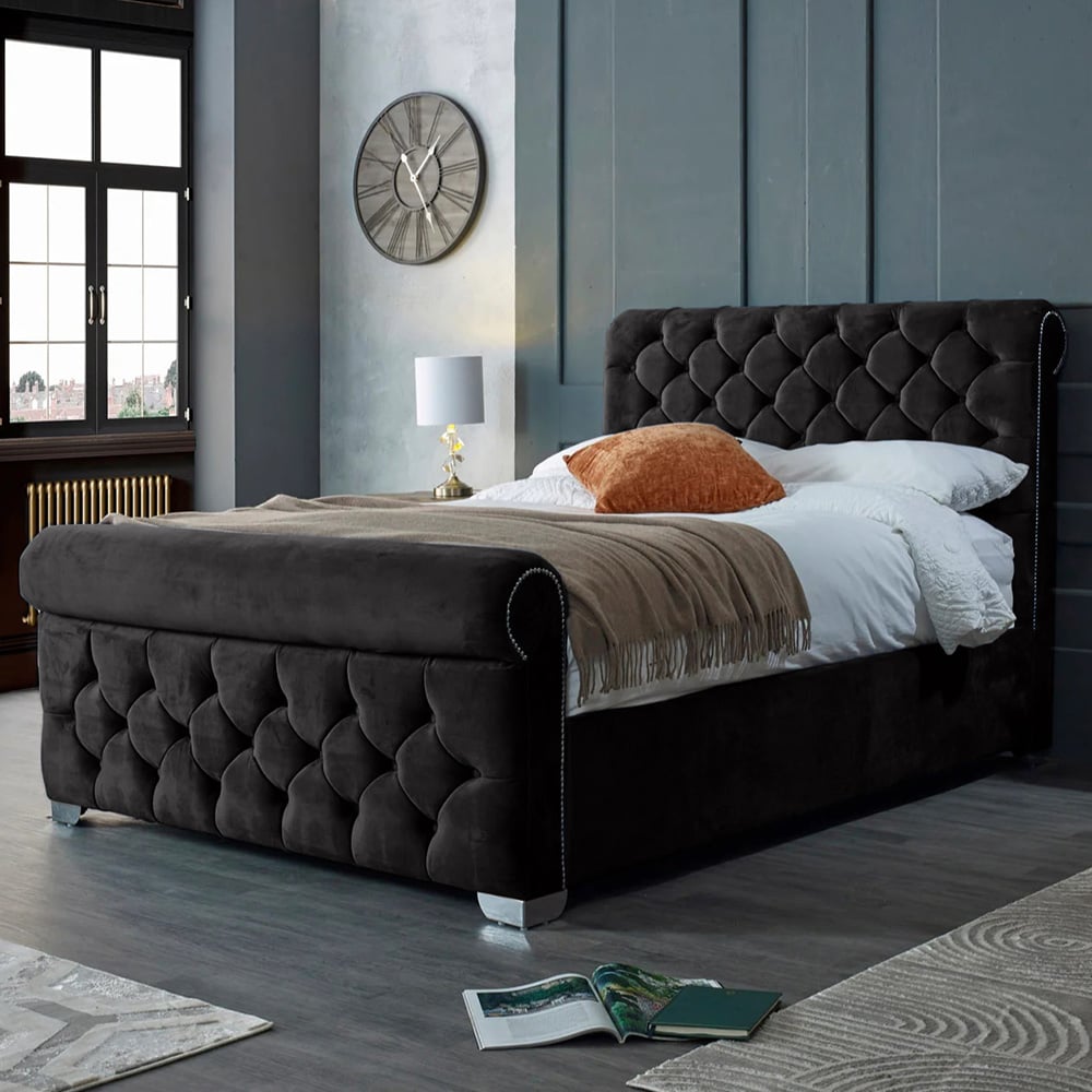 Eleganza Home Veneta Double Black Plush Velvet Bed Frame with Chesterfield Headboard Image 1
