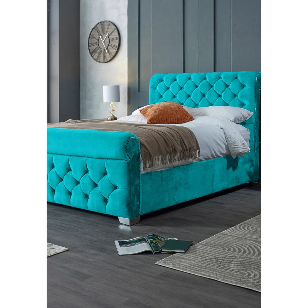 Eleganza Home Veneta Double Teal Plush Velvet Bed Frame with Chesterfield Headboard Image 3