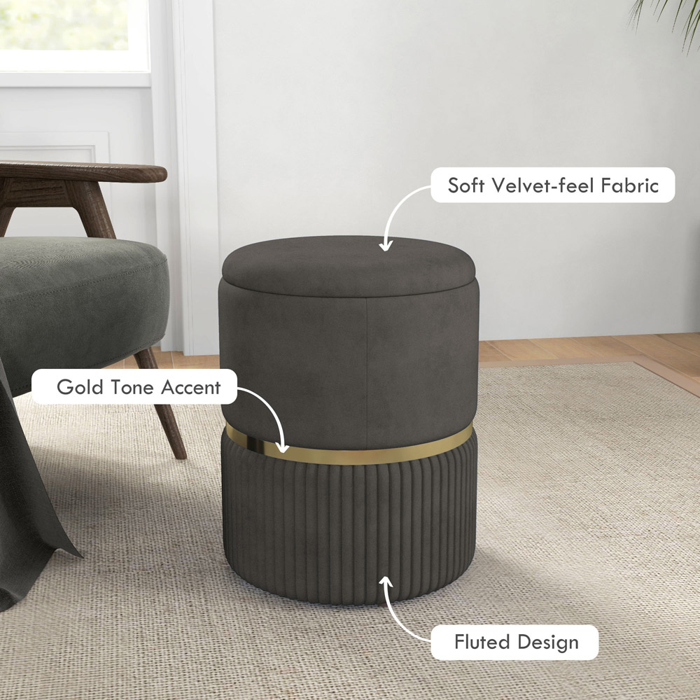 Portland Grey Velvet feel Pouffe Round Ottoman Stool with Storage Image 3