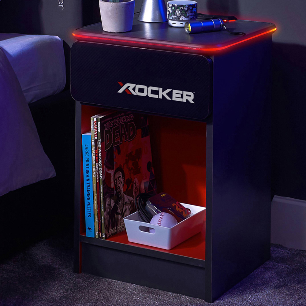 X Rocker Carbon-Tek Single Drawer Single Shelf Grey and Red LED Bedside Table with Charging Image 1