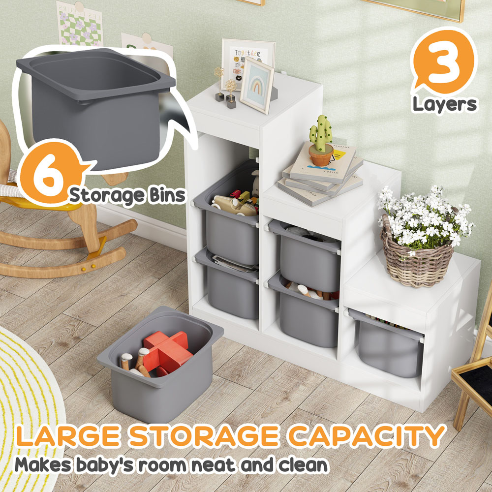 AIYAPLAY Kids Grey 3-Tier Toy Storage Unit with 6 Removable Bins Image 8