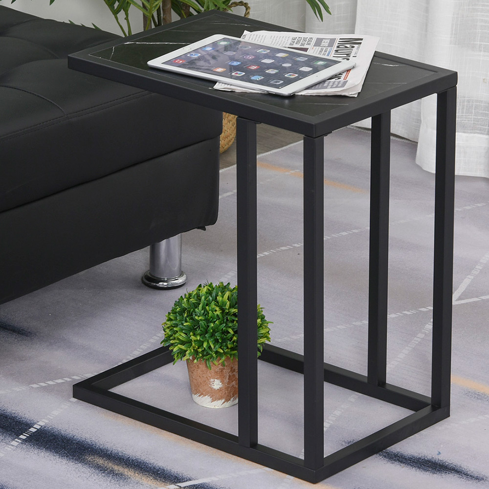 Portland Black C Shaped Marble Effect Top Side Table Image 1
