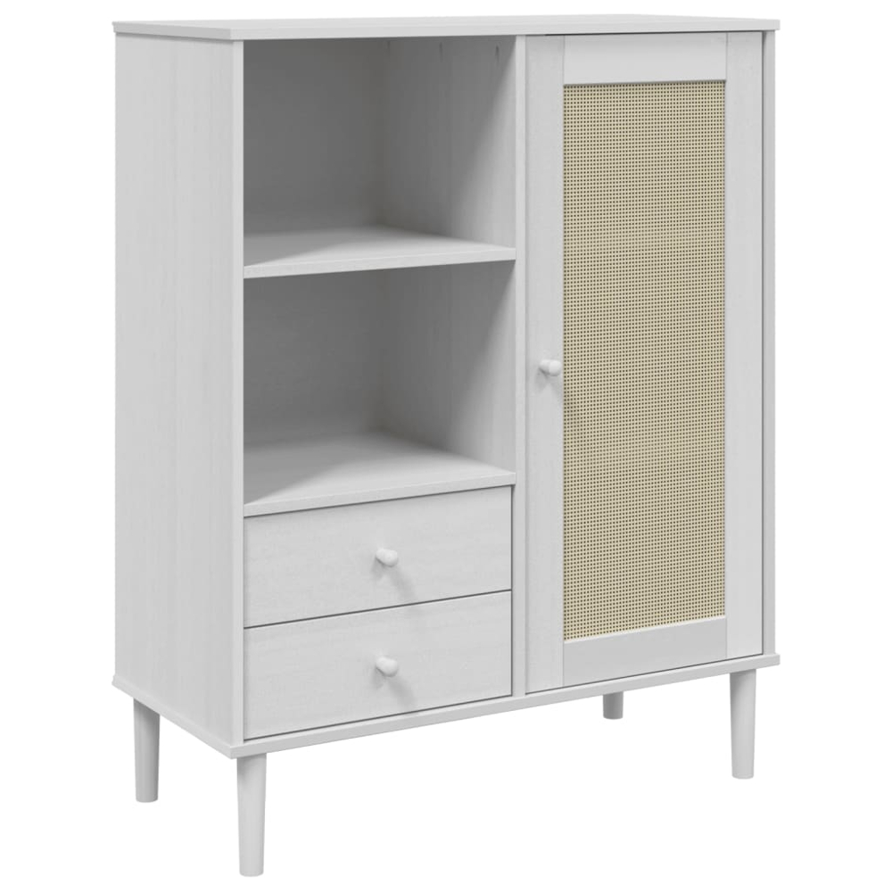 vidaXL Senja Single Door 2 Drawer 2 Shelf White Solid Pine Wood Rattan Look Highboard Image 2
