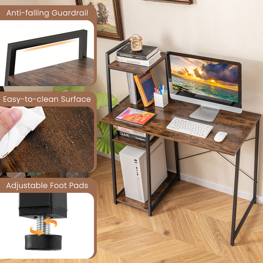 Costway Computer Desk with Bookshelf and Host Stand Brown Image 8