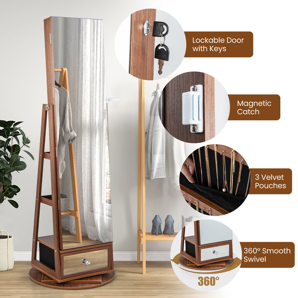 Costway Walnut Swivel Mirrored Lockable Jewelry Cabinet Image 4