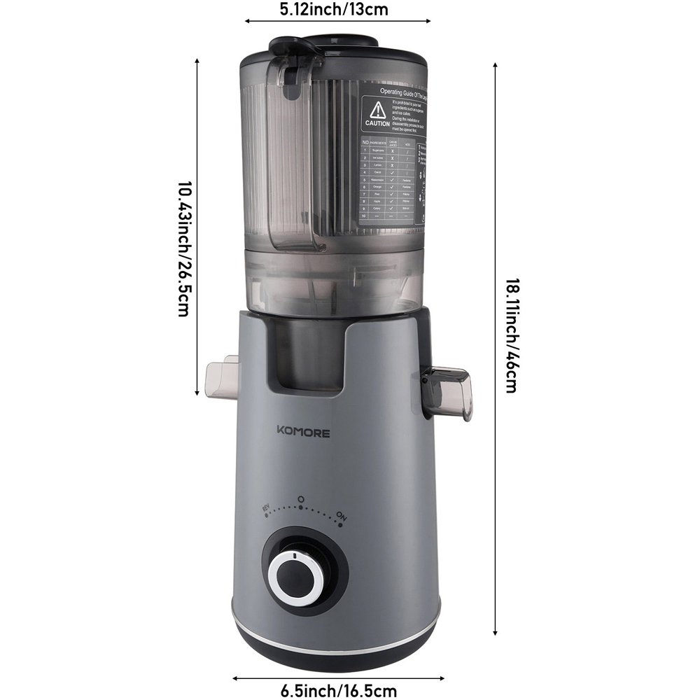 Komore EK090048 Grey Slow Masticating Cold Press Juicer with 130mm Chute 300W Image 8