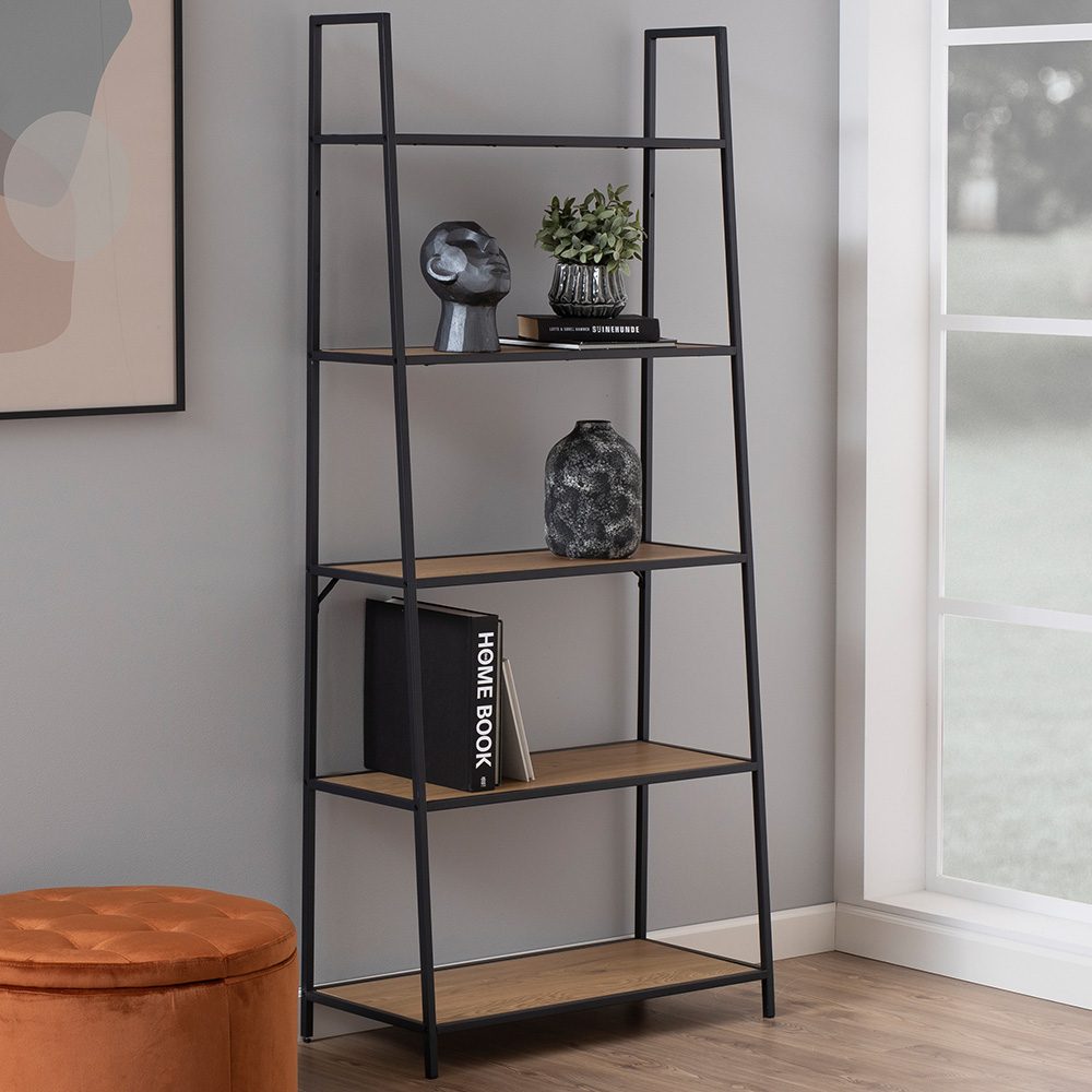 Florence Seaford 5 Shelf Oak and Black Metal Ladder Bookcase Image 1