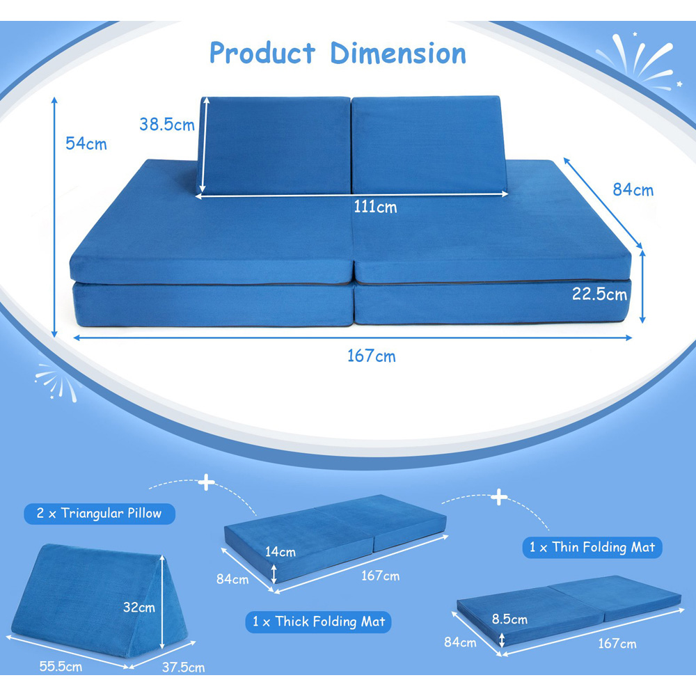 Costway 4 Piece Blue Kids Convertible Sofa Bed Image 9