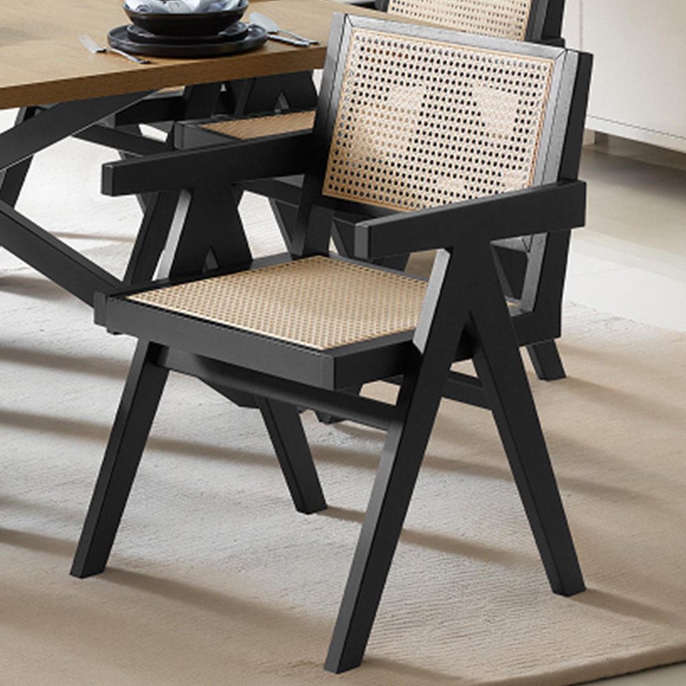tectake Lizzy Set of 4 Black Rattan Backrest and Wood Frame Dining Chair Image 1