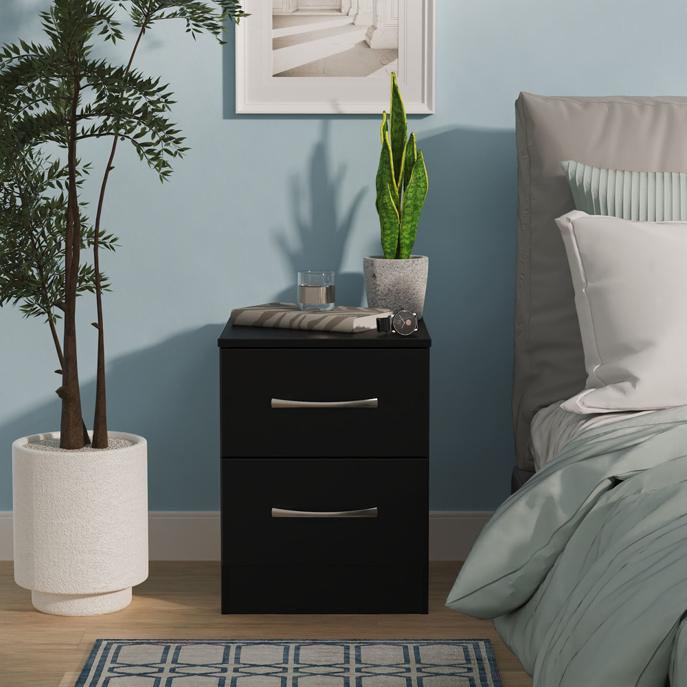 Crowndale Avon 2 Drawer Black Matt Compact Bedside Cabinet Ready Assembled Image 7