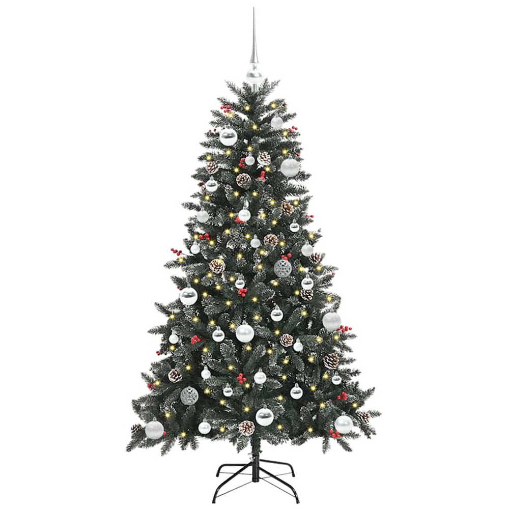 vidaXL Pre-Lit Silver Bauble Pinecones Berries Green Snow Flocked Artificial Christmas Tree 5ft Image 1