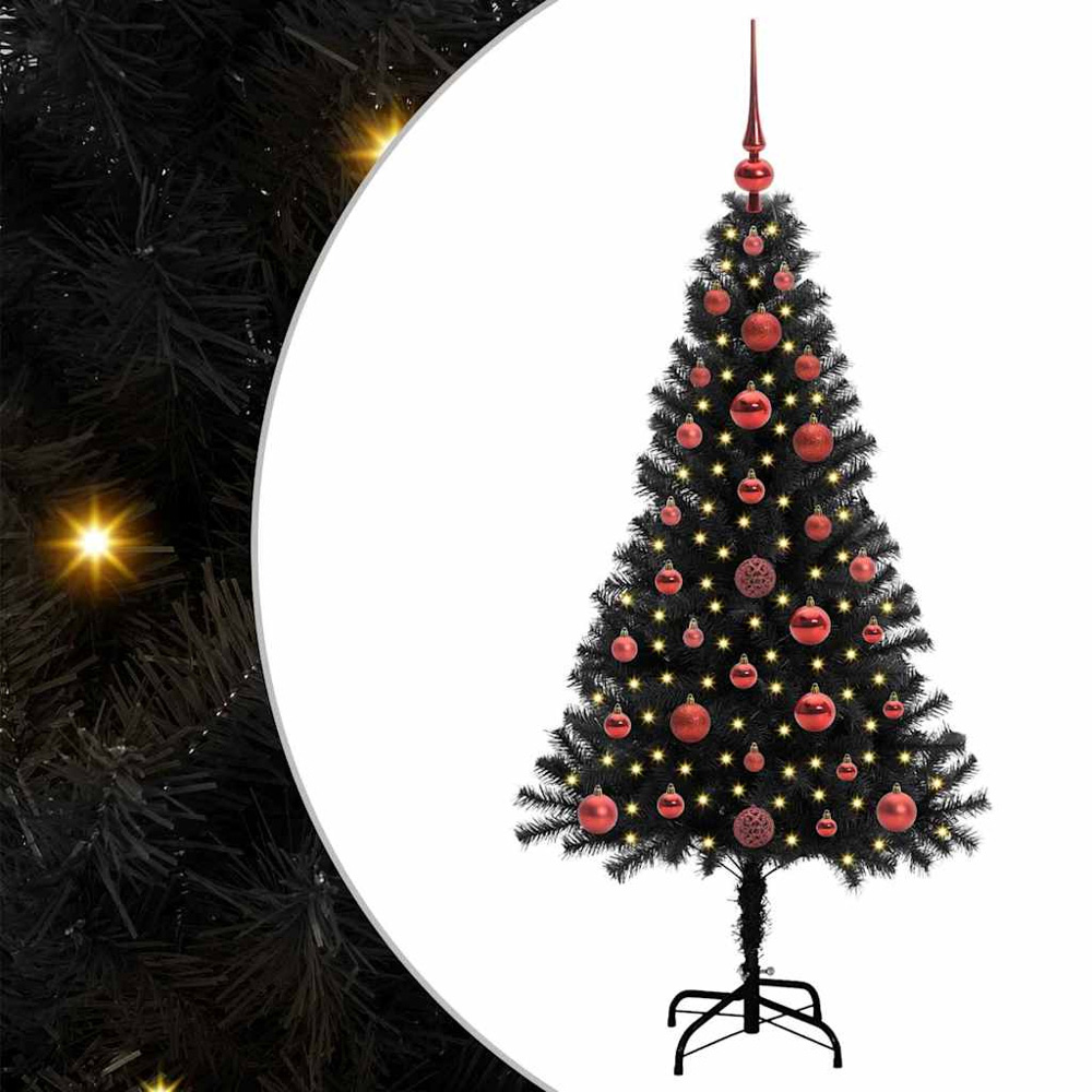 vidaXL Pre-Lit Red Baubles Black Artificial Christmas Tree 4ft Image 2