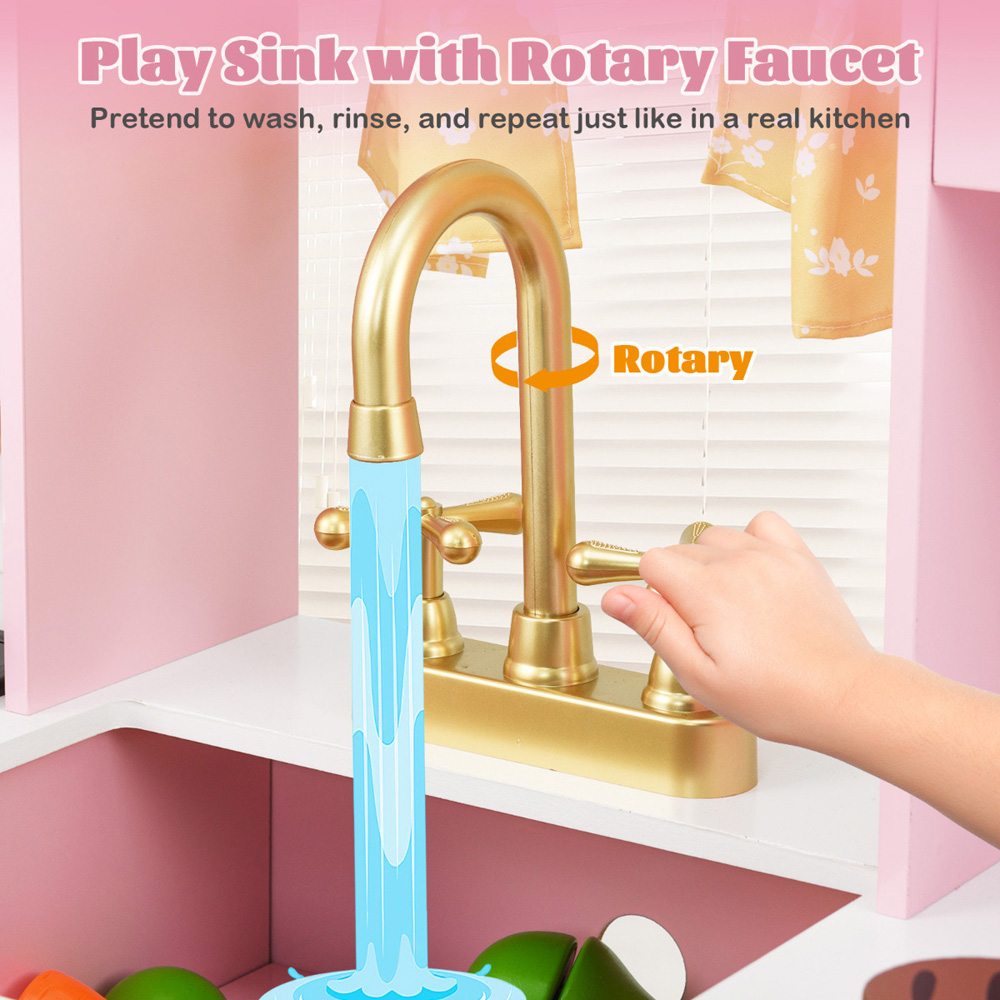 Costway Kids Pink Kitchen Play Set with Coffee Maker Stove Top Golden Utensils Image 6