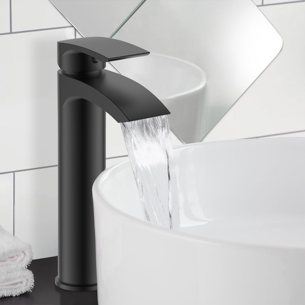 Nes Home Libra Waterfall Matte Black High Rise Basin Mono Mixer Tap with Waste Image 2