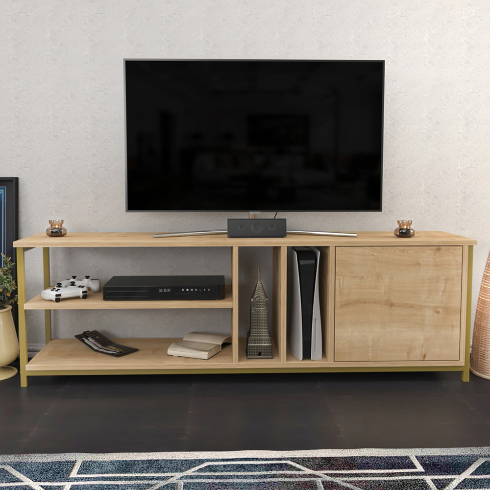 Decorotika Oneida Single Door 4 Shelf Gold and Oak TV Unit Image 1