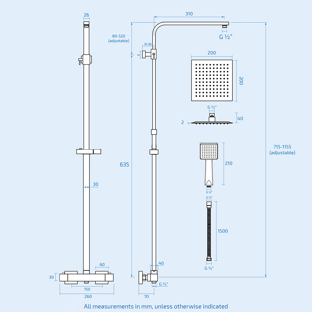 Nes Home Chrome Square Exposed Thermostatic Mixer Shower Set Image 5