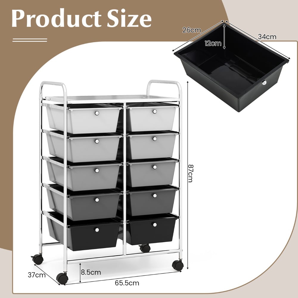 Costway 10 Drawer Black and Grey Storage Rolling Cart Image 7