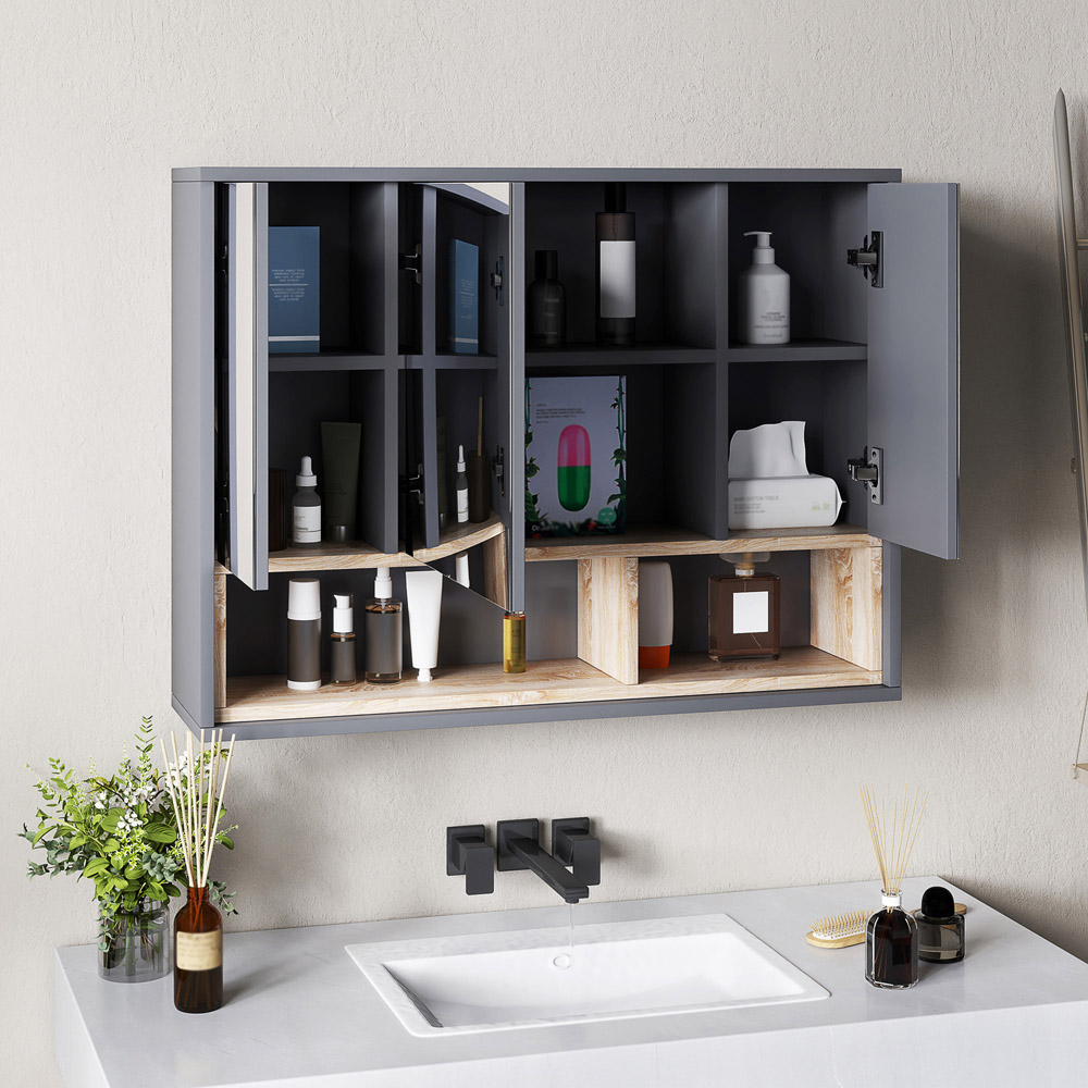 Portland 3 Door 2 Shelf Grey Wall-Mounted Mirrored Bathroom Storage Cabinet Image 4