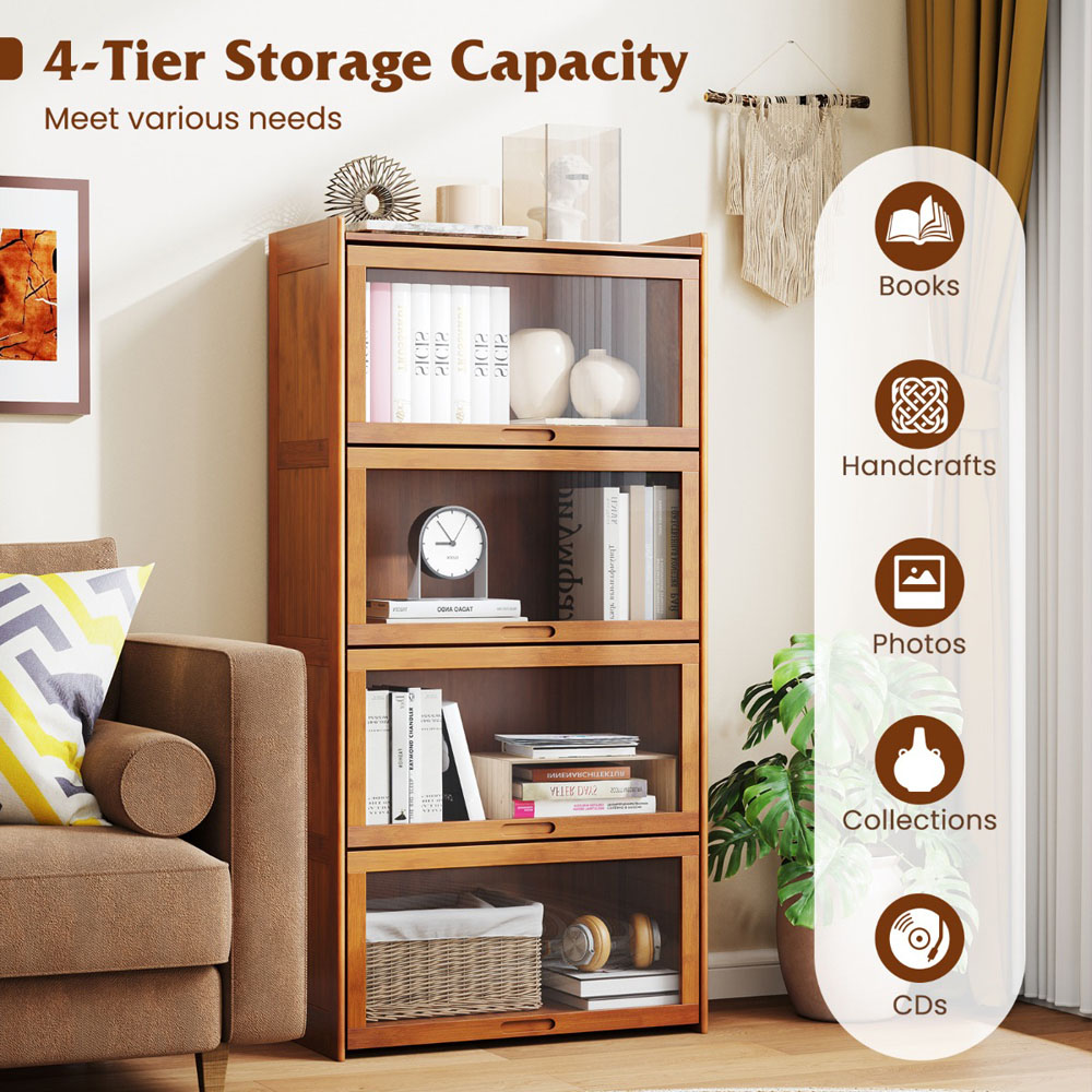 Costway 4 Shelf Brown Bamboo Bookcase with Acrylic Doors Image 7