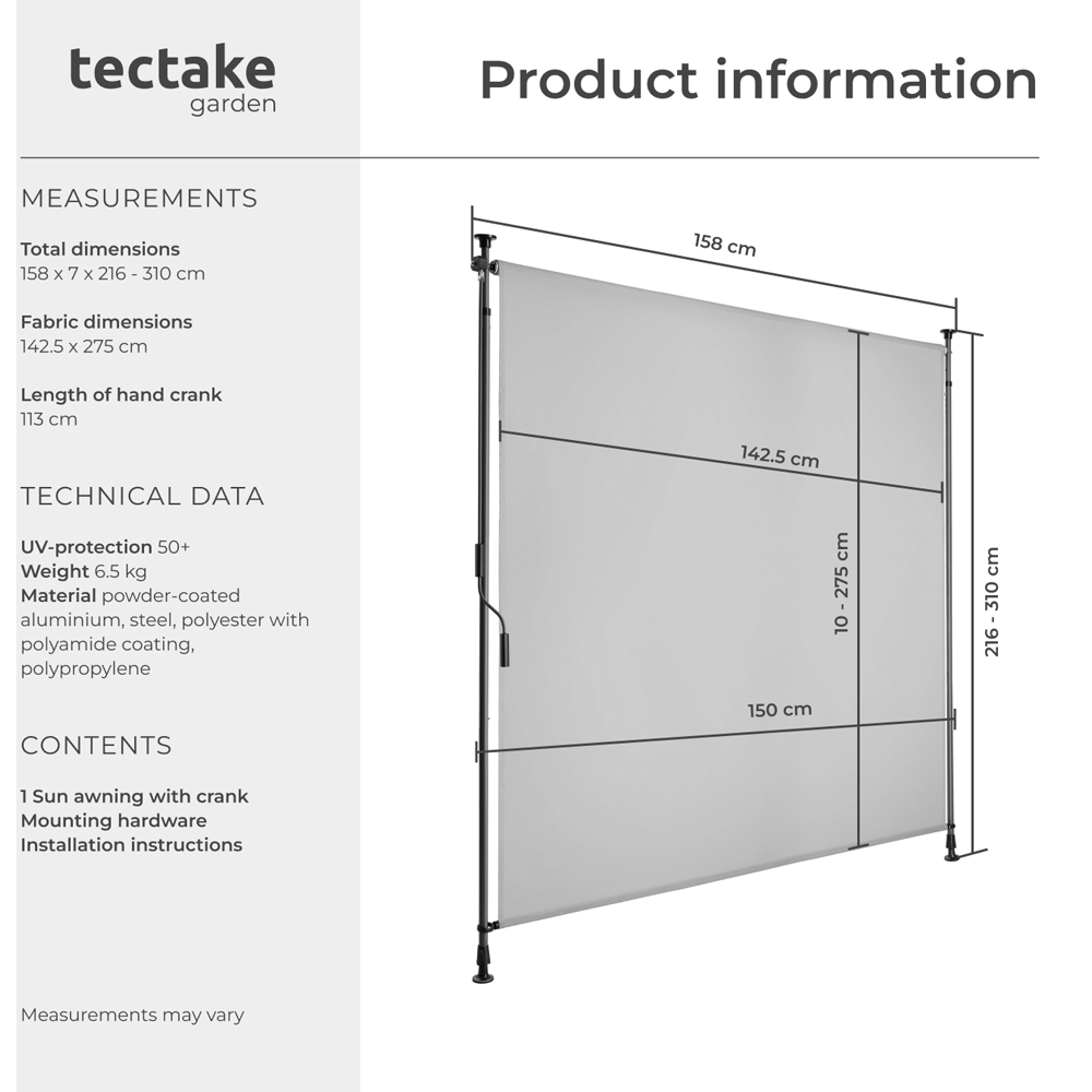 tectake Taija Light Grey Retractable Awning with hand crank 310 x 158cm Image 8