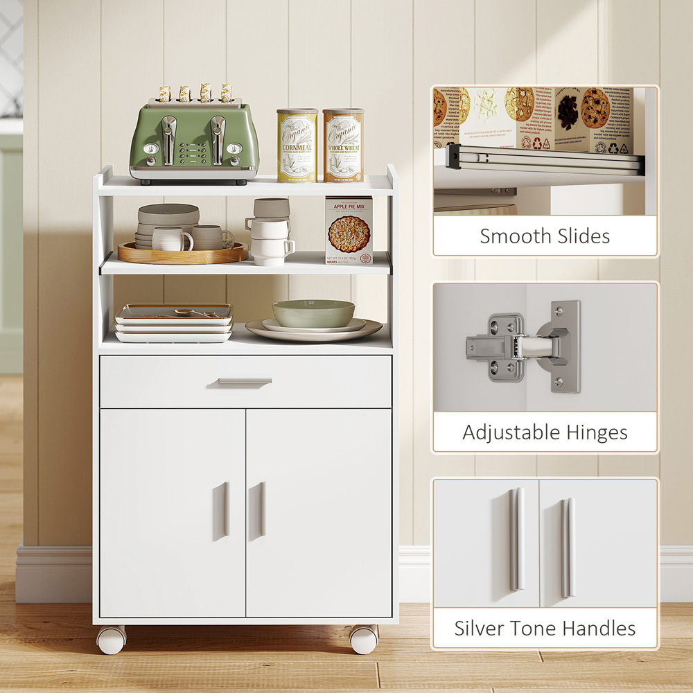 HOMCOM 2 Door Single Drawer 3 Shelf White Modern Mobile Microwave Cabinet Image 6